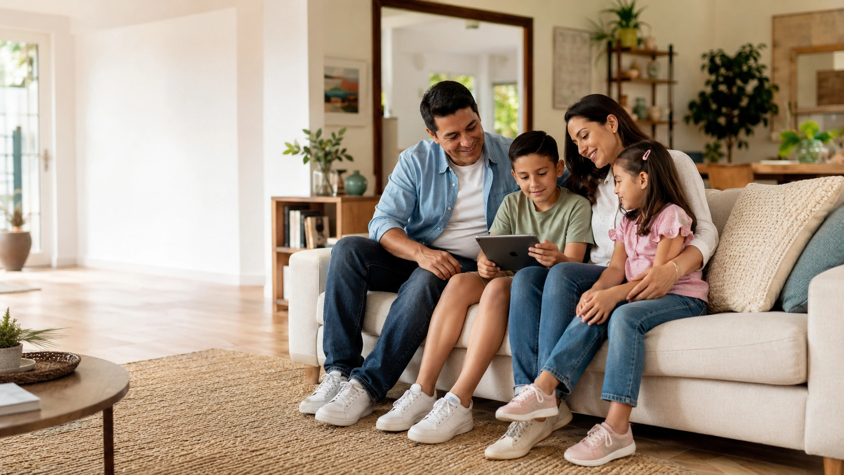 Familia compartiendo tiempo en casa mientras utiliza una tablet