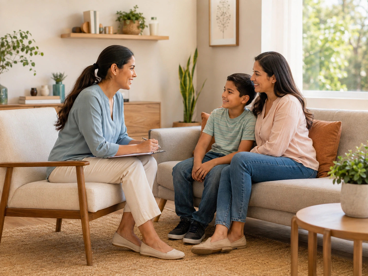 Personas conversando durante una atención de salud cercana y profesional